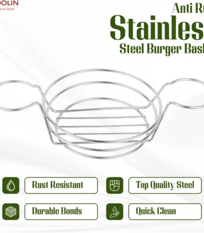Silver burger basket with space for two dip bowls