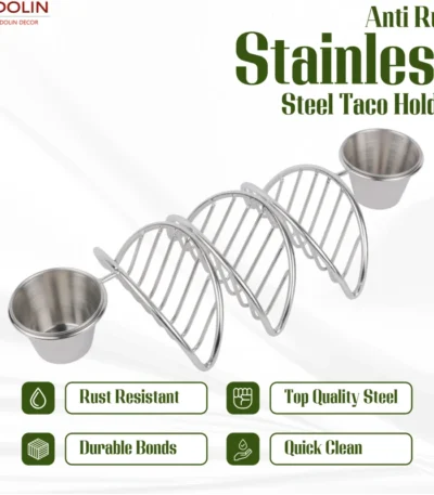 Silver taco stand with two dip bowls