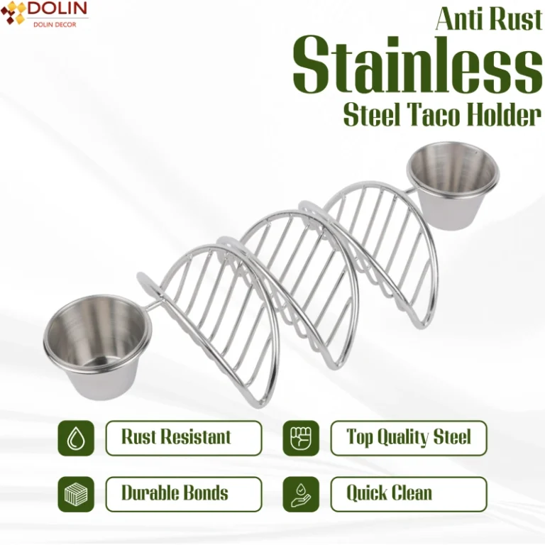 Silver taco stand with two dip bowls
