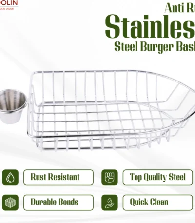 Silver boat-shaped burger basket with dip bowl space