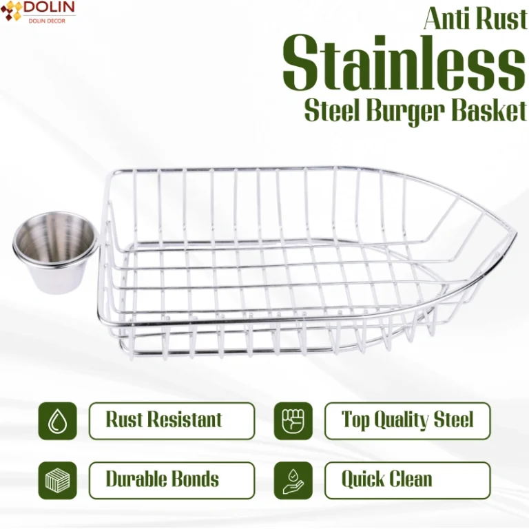 Silver boat-shaped burger basket with dip bowl space