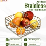 Square stainless steel fruit basket filled with fresh apples, pears, and oranges.