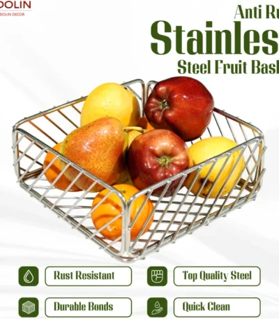 Square stainless steel fruit basket filled with fresh apples, pears, and oranges.