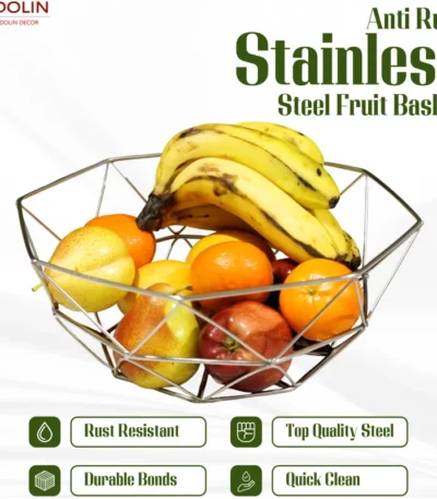 Wireframe stainless steel fruit basket with a durable and sleek design.