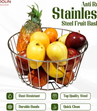 Open wire stainless steel fruit basket allowing air circulation for freshness.