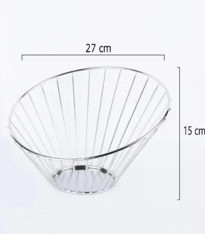 Stylish stainless steel fruit bowl for kitchen decor and storage.