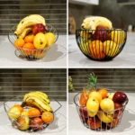 Multi-purpose stainless steel basket for storing fruits and vegetables.