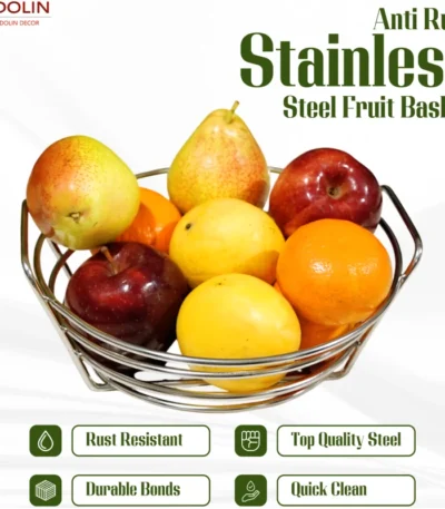 Large stainless steel fruit basket for fresh apples, oranges, and bananas.