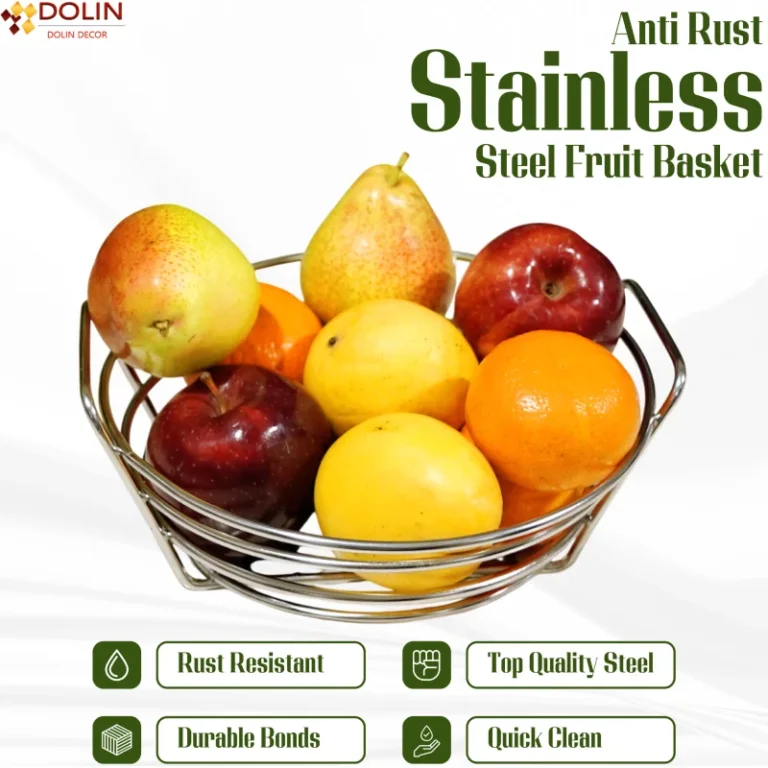 Large stainless steel fruit basket for fresh apples, oranges, and bananas.