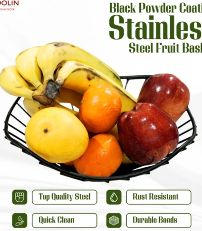 Space-saving black metal fruit basket for kitchen countertops.