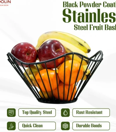 Unique wire metal fruit bowl with an angular and stylish shape.