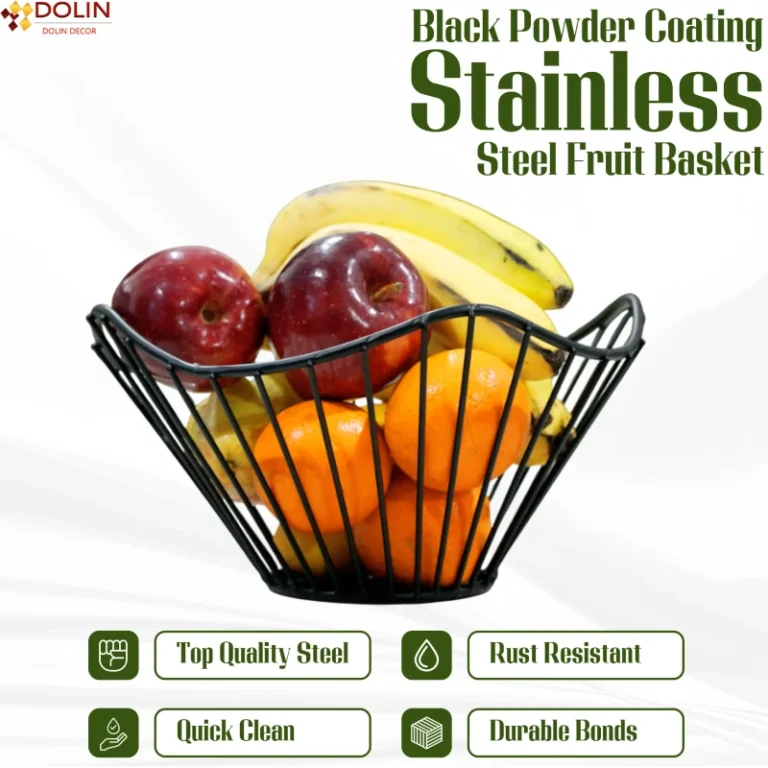 Unique wire metal fruit bowl with an angular and stylish shape.