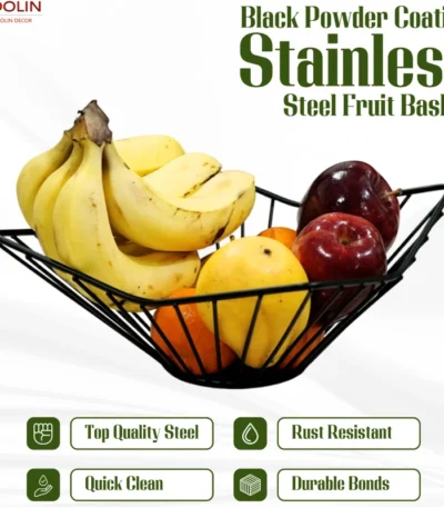 Large wire metal fruit bowl with an angular shape.