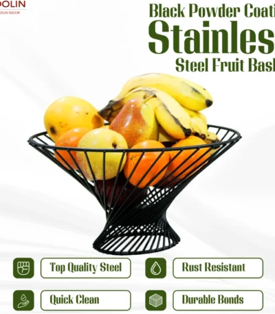 Rust-resistant stainless steel fruit holder with fresh bananas and apples.