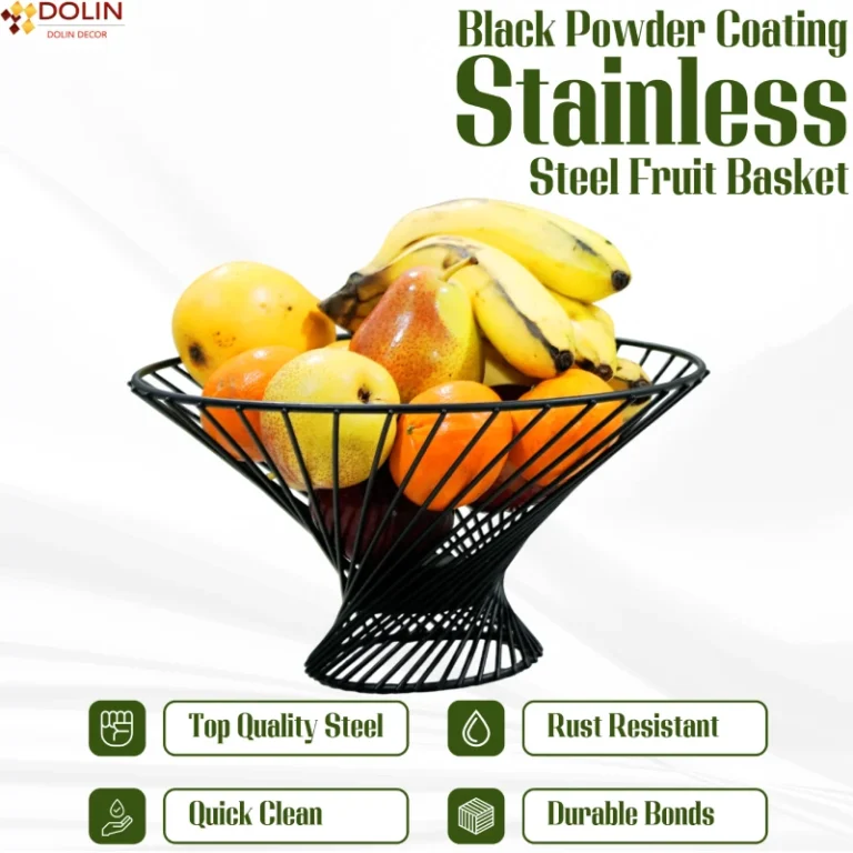 Rust-resistant stainless steel fruit holder with fresh bananas and apples.
