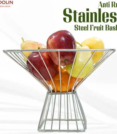 Elegant stainless steel wire mesh basket filled with fresh produce.q