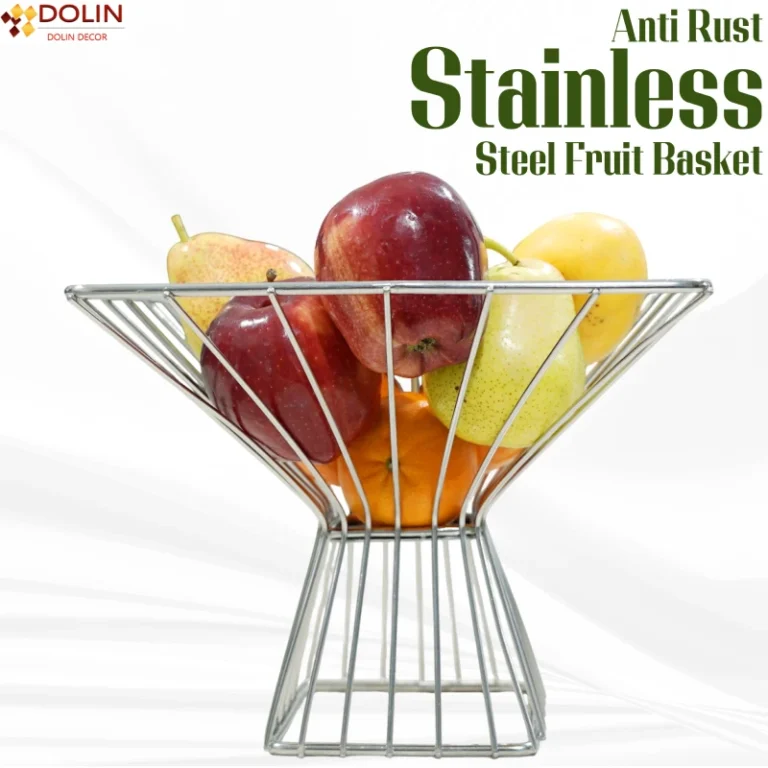 Elegant stainless steel wire mesh basket filled with fresh produce.q
