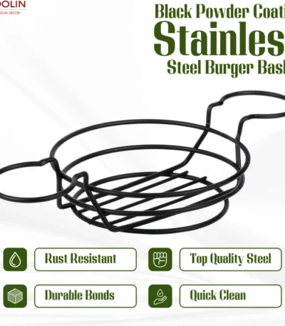 black burger basket with two dip bowl holders