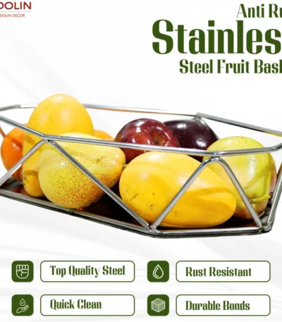 Space-saving metal fruit bowl with a round wireframe design.