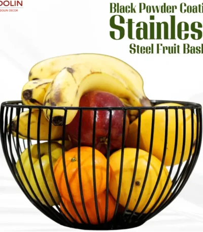 Round stainless steel fruit basket with a minimalist wireframe design.