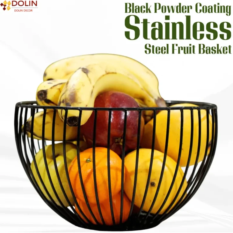 Round stainless steel fruit basket with a minimalist wireframe design.